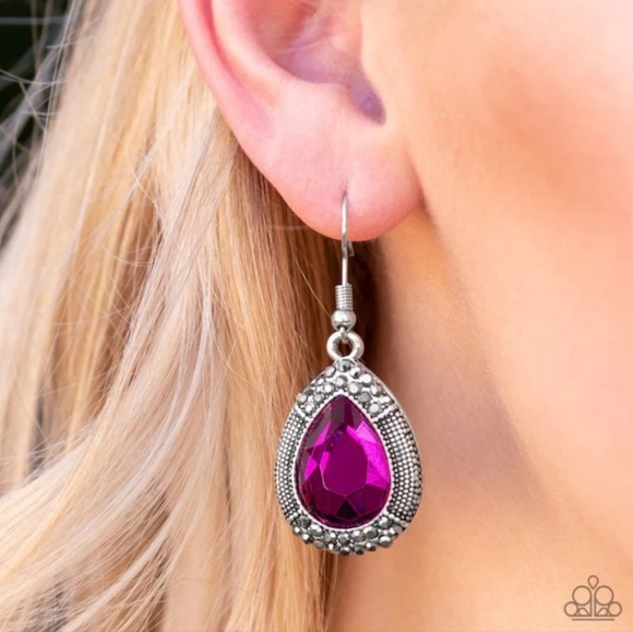 paparazzi Jewelry - Paparazzi Magenta Teardrop Earrings Silver Setting Purple Crystal Dangle